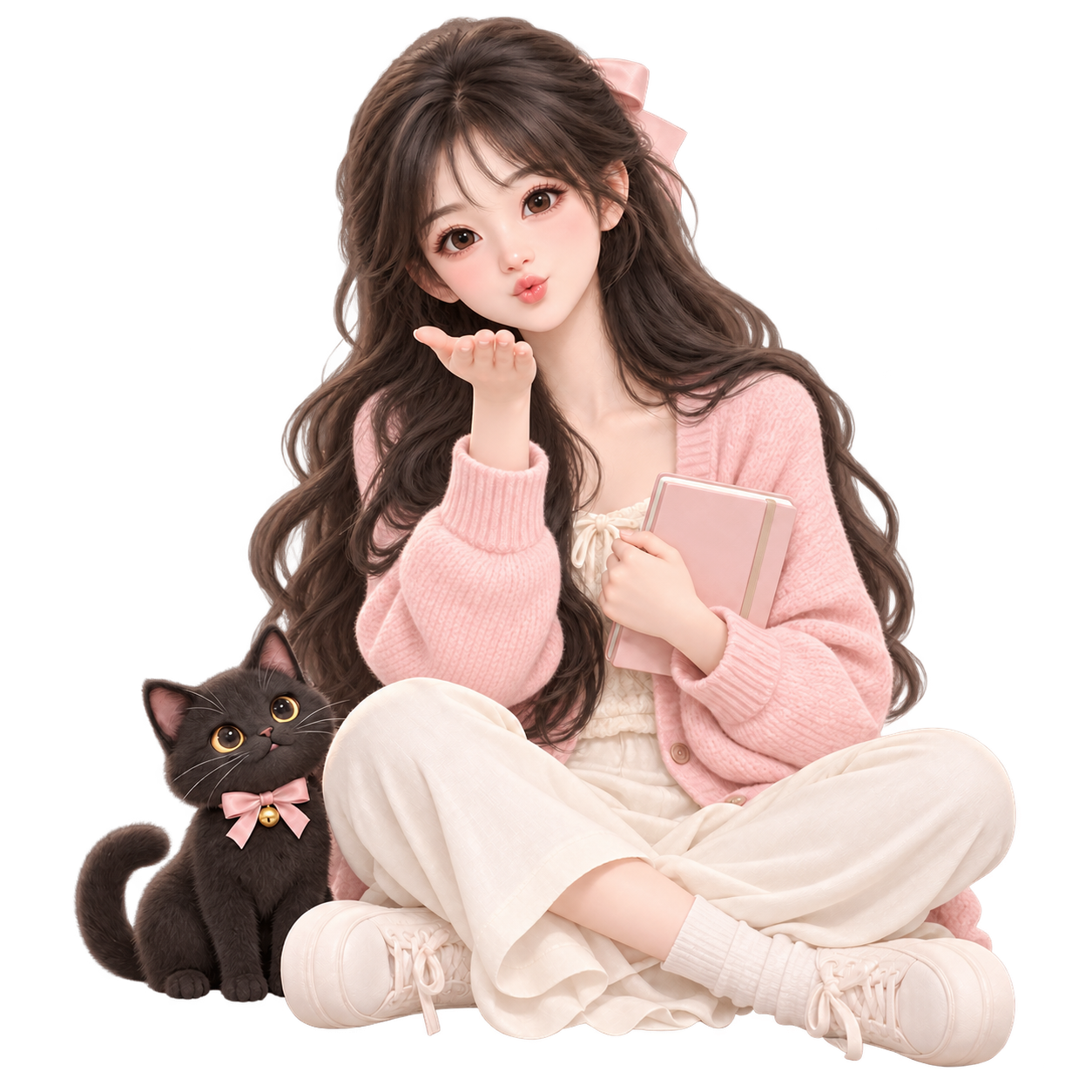 甜美学习伙伴轻轻送出飞吻的欢迎插画